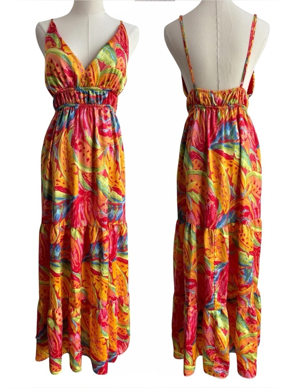 Tropical Fruit Print Maxi Dress Sz M Colourful Mango Vacation Tiered Sundress